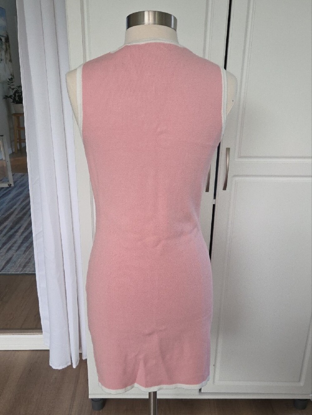 Sleeveless Pink Knit Button-Front Mini Dress with White Trim - Picture 2 of 6